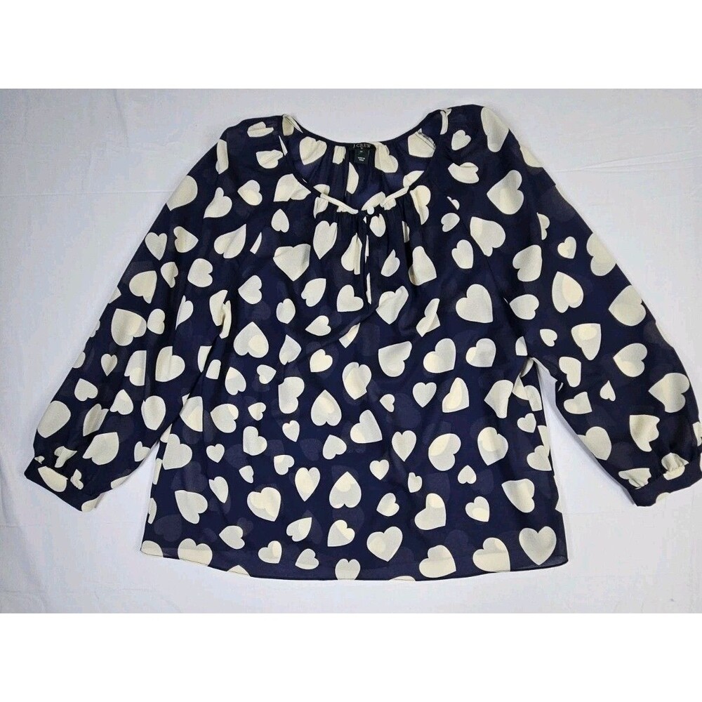 J Crew Top Women's Sz XL Navy Blue Heart Print Semi-Sheer Blouse Keyhole Shirt